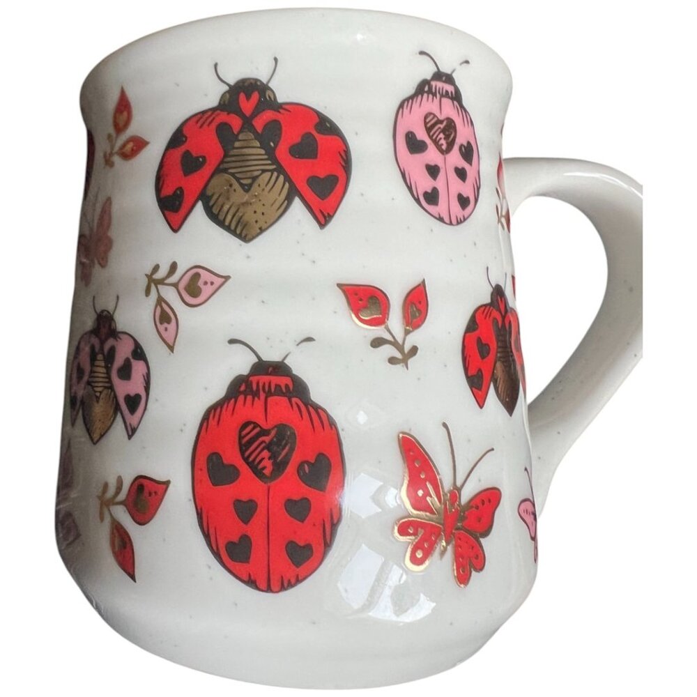 SHEFFIELD HOME Ladybug & Hearts Speckled MUG Sturdy Red Pink Gold 4.5" tall - Picture 2 of 15